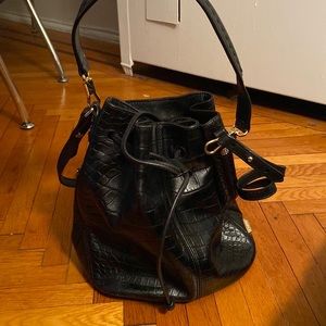 Elizabeth and James Black Leather Croc Bucket Bag and Crossbody Bag
